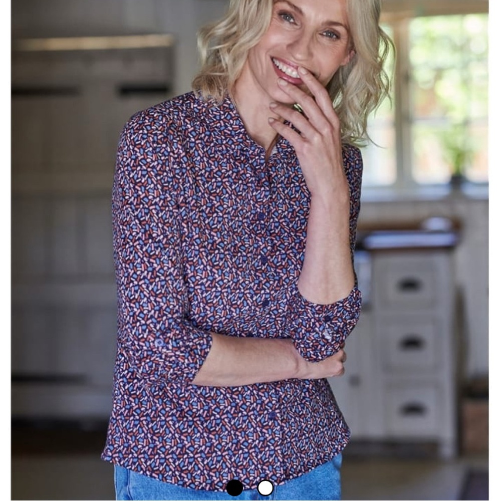 WoolOvers Women’s L Navy Mix Geo Dash Print Warm‎ Feel 100% Organic Cotton
